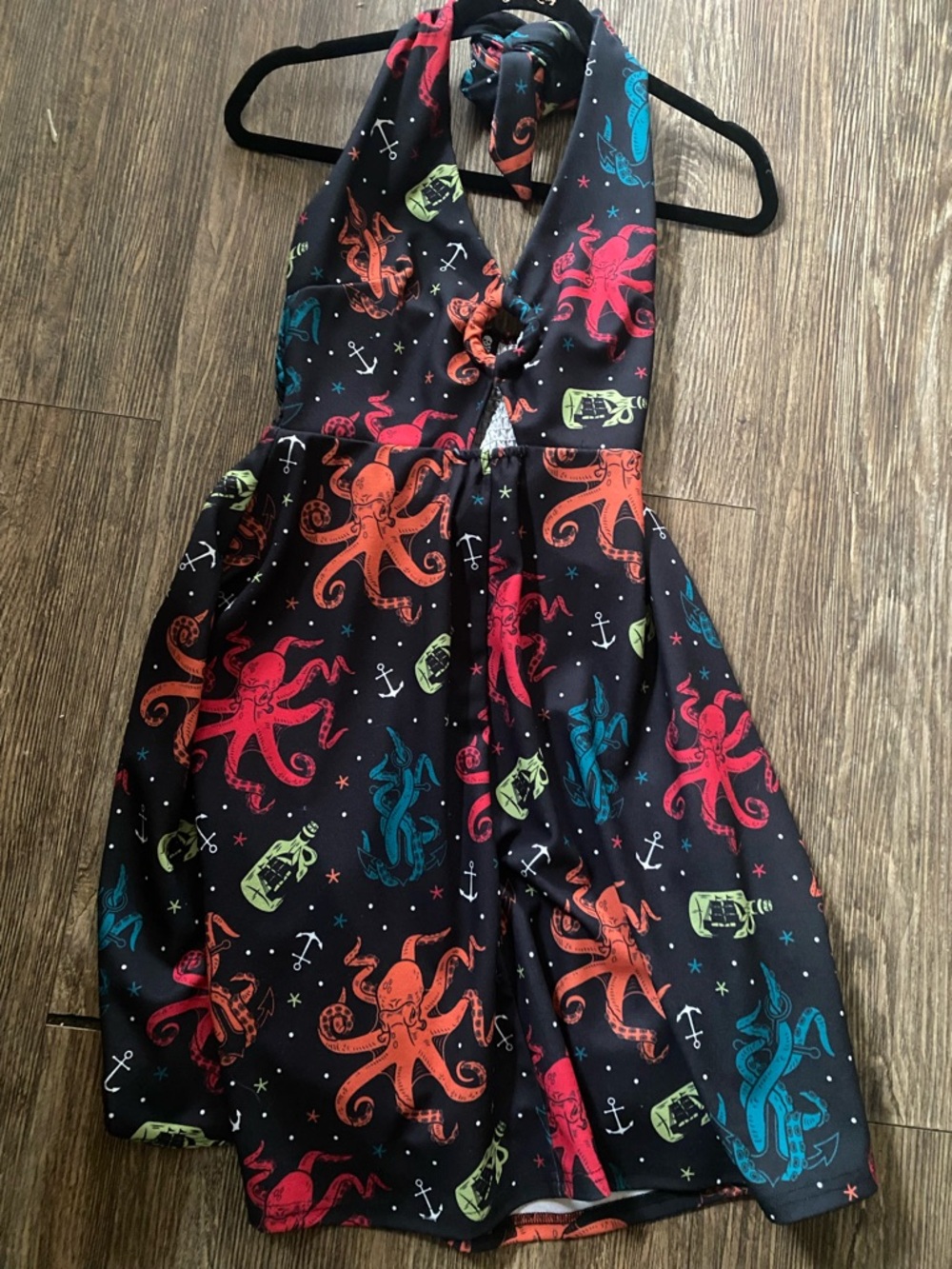 Octopus Print Halter Skater Dress - Black with Multi Color Octopi